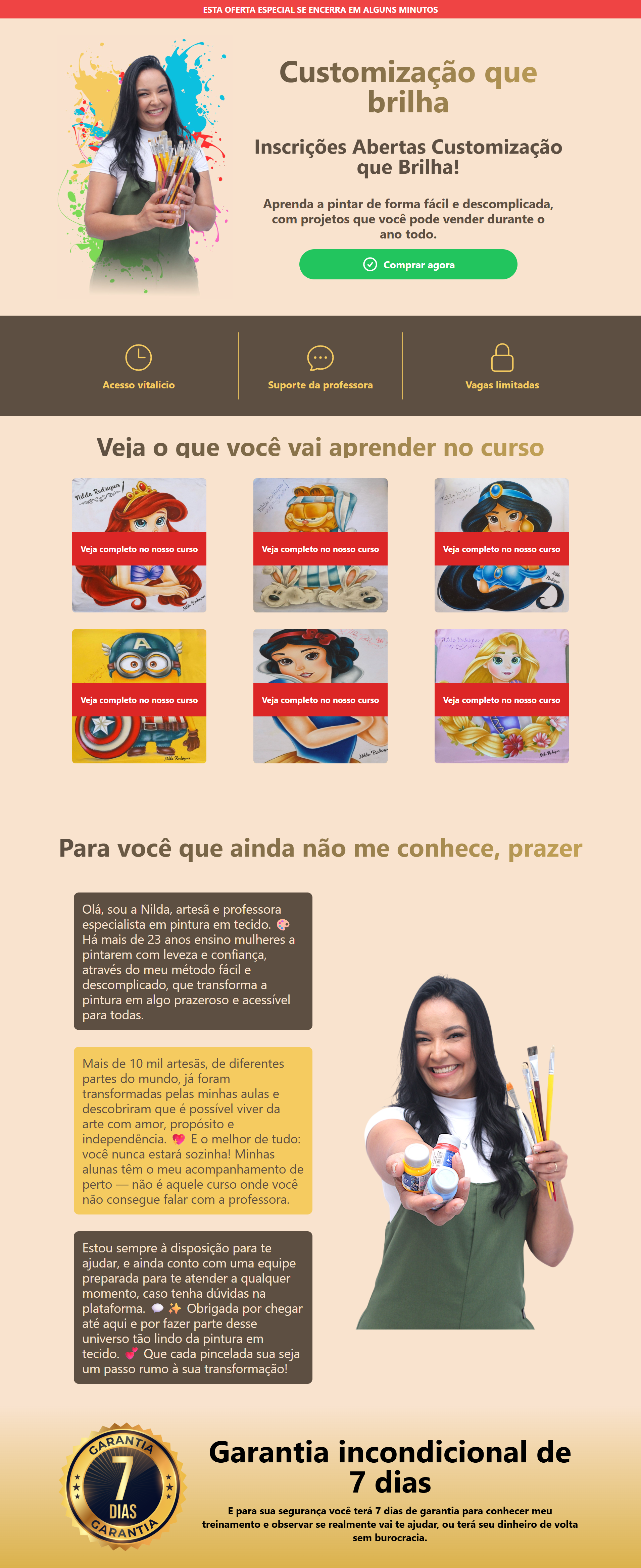 Landing page para venda de curso de pintura em tecidos da Nilda Rodrigues